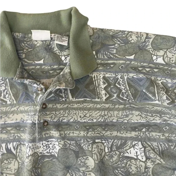 Vintage Bugle Boy Hawaiian Print Polo — Light Green & Tan Floral / 90s / XXL - Picture 5 of 10